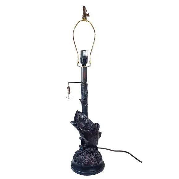 Wide Mouth Bass Fishing Tackle Lure Sculpture Fisherman Table Lamp Rustic Lodge - Picture 10 of 11